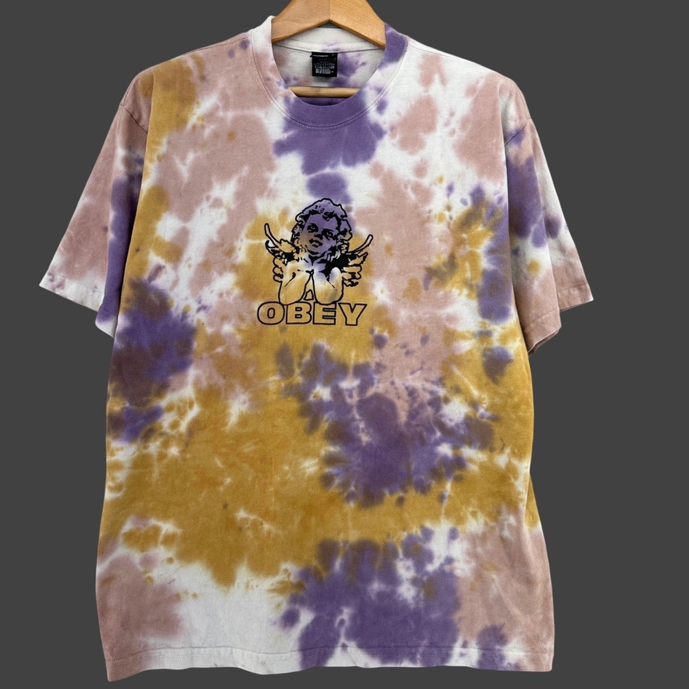 Obey Cherub Angel Tie Dye Short Sleeve Graphic Tee Men L Grunge Streetwear Cyber